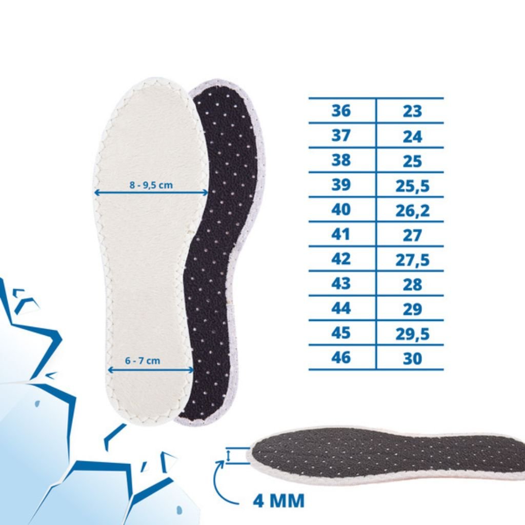 Tabuľka veľkosti termo vložiek do topánok fleece