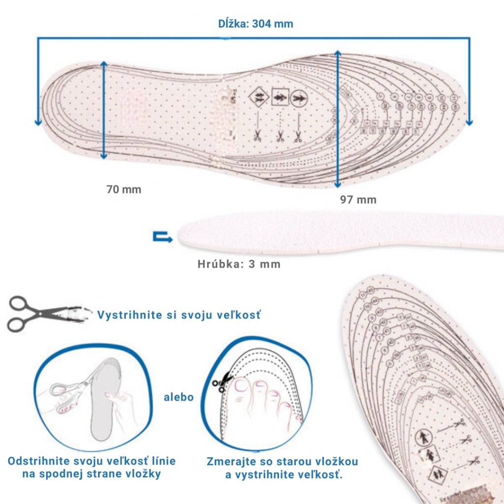 Rozmery a veľkosti vložiek do topánok proti poteniu CUT
